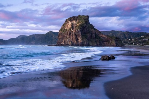 Landscape in New Zealand with sea and sandy beach. Piha Beach and Lion Rock. Surfers in water. In