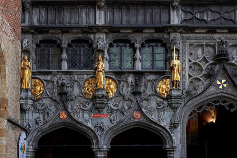 Richly decorated façade and entrance portal to St. Ivo Chapel at the Basilica of the Holy Blood,