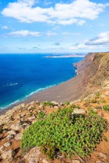 Castillejo viewpoint, view from the Risco de Famara cliffs to the coast and the sea with the Famara