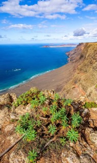 View from the Castillejo viewpoint from the Risco de Famara cliffs to the coast and the sea with