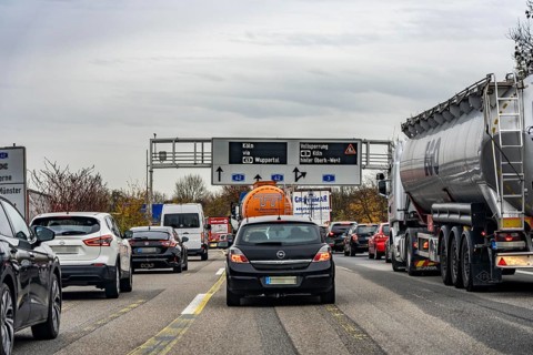 Traffic jam on the A42 motorway in front of the Oberhausen-West motorway junction, during the full