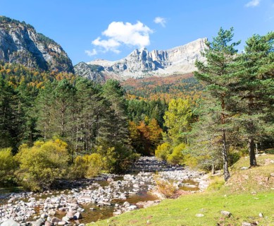 Mountain landscape view river at Selva de Oza, Valle de Hecho, Pyrenees Mountains, Huesca province,