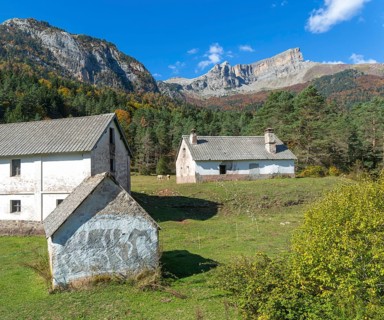 Farm buildings for livestock, Selva de Oza, Valle de Hecho, Pyrenees Mountains, Huesca province,