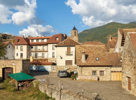 Historic buildings medieval village of Echo or Hecho, Valle de Hecho, Pyrenees Mountains, Huesca