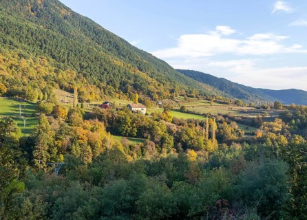 Autumn valley landscape farmhouse building near village of Echo or Hecho, Valle de Hecho, Huesca