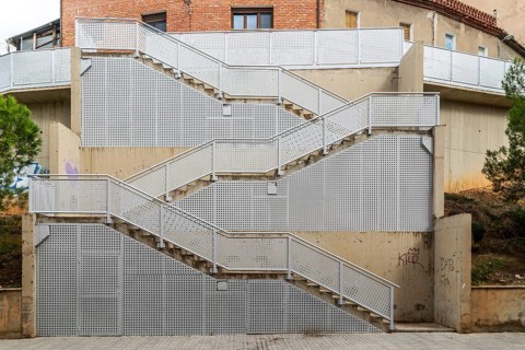 Metal staircase street climbing up steep hillside, city of Teruel, Aragon, Spain