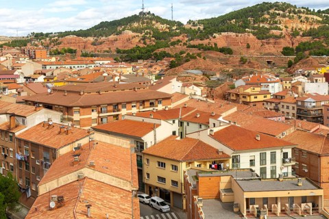 Rooftops of apartment block buildings in lower housing area to east of city centre of Teruel,