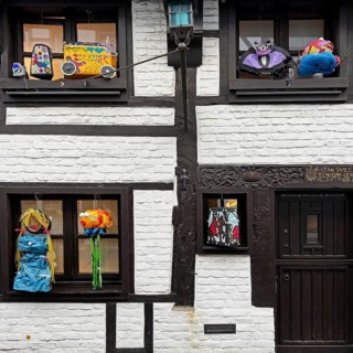 Decorated half-timbered house for the Martin train in Alte Schulstraße, historic old town, Kempen,