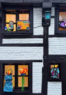 Decorated half-timbered house for the Martin train in Alte Schulstraße, historic old town, Kempen,