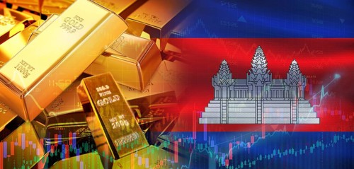 Gold bars stacked on Cambodian flag. Cambodia gold reserves, Concept