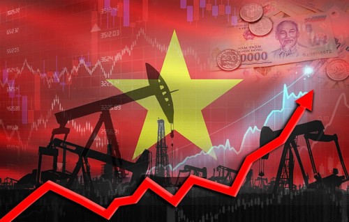Oil production with Vietnam flag, petrol industry. Oil pumps with Vietnamese flag
