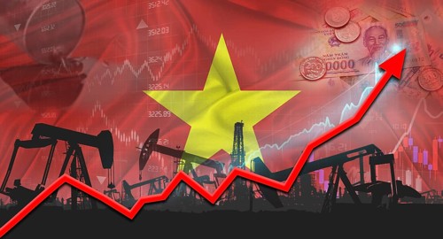 Growth of oil industry with Vietnamese flag. Oil pumps with Vietnamese flag. Oil production with