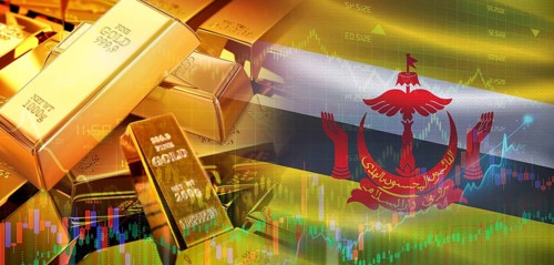 Gold bars stacked on Bruneian flag. Brunei gold reserves, Concept