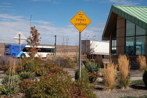 Aragonite, Utah - A sign urges travelers to beware of snakes and scorpions at a rest area along