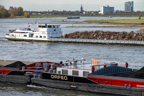 Dutch cargo ship Orfeo, brings power plant coal from the Netherlands to Mannheim, here on the Rhine