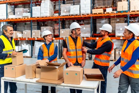 Diverse team of warehouse workers wearing safety vests and hard hats collaborating while packing