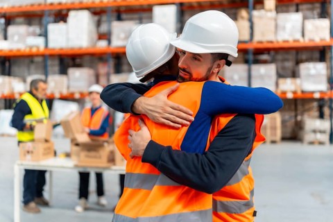 Two diverse warehouse workers wearing safety vests and hardhats embracing in a logistics facility,