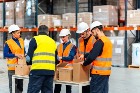 Diverse warehouse team in hardhats and hi vis vests sorting and packing cartons on a long table