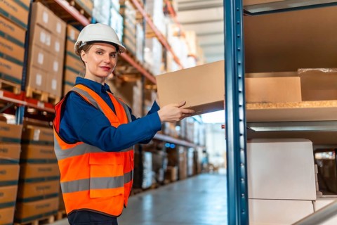 Woman worker wearing safety helmet and reflective vest, putting a cardboard box on a shelf in a