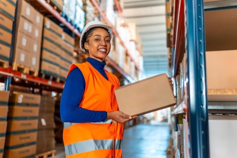 Professional female warehouse worker in hard hat and safety vest holding a carton, smiling