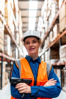 Confident woman working in a busy logistics warehouse, wearing a hard hat and safety vest, holding