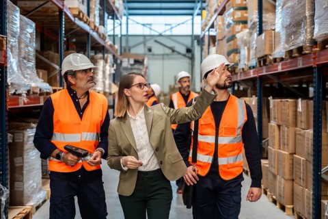 Female logistics manager wearing a suit and glasses discussing inventory levels with male workers