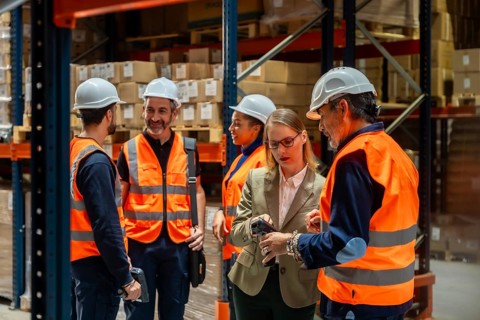 Warehouse manager and diverse workers standing together, reviewing operations and inventory data on