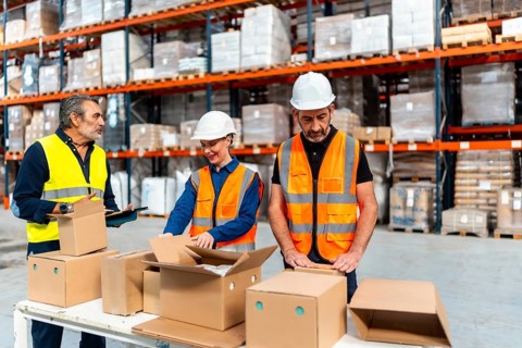 Team of diverse workers, wearing safety vests and hard hats, collaborating on packaging and