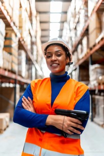 Confident black woman worker wearing a hardhat and high visibility vest, holding a barcode scanner