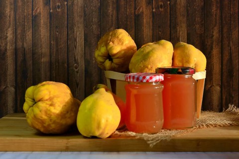 Still life with quinces and homemade quince jelly, autumn, Germany