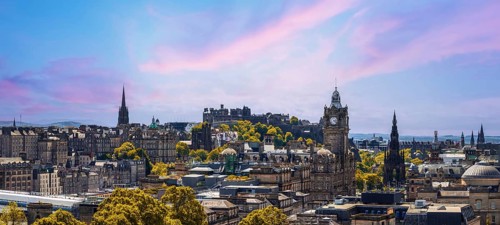 The Old and New Towns of Edinburgh panoramic skyline city view from Calton Hill. A Unesco site