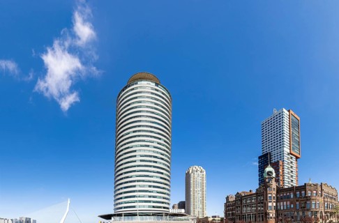 Panoramic view of Rotterdam Old Port and river promenade waterfront areas of Wilhelminakade and Kop