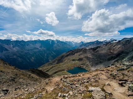 Scenic view from Gaislachkogel over the Ötztal Alps and down into the Ötztal near Sölden, Tyrol,
