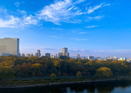 Japan, panoramic view of Osaka skyline at sunset