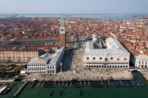 Aerial view of Piazzetta, columns of St. Mark and St. Theodorus, St. Mark's Square, Doge's Palace,