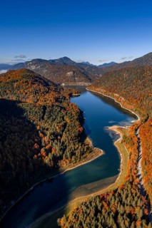 Mountain lake, mountains, sunny, morning light, autumn, autumn color, forest, aerial view,