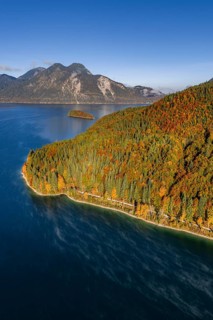 Mountain lake, mountains, sunny, morning light, autumn, autumn color, forest, aerial view,