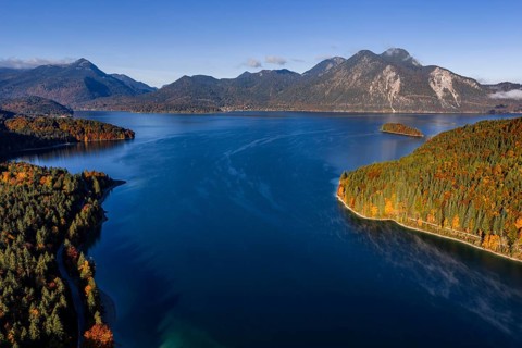 Mountain lake, mountains, sunny, morning light, autumn, autumn color, forest, aerial view,