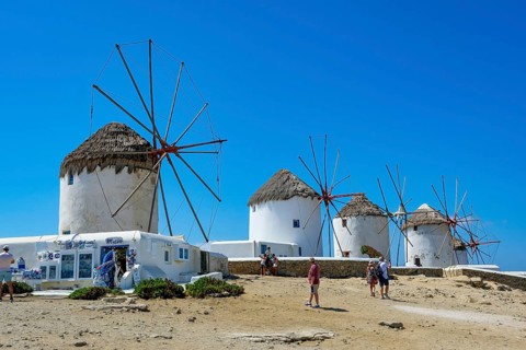 Mykonos, Cyclades, Greece - The six sixteenth-century windmills, lined up on a hill above Mykonos