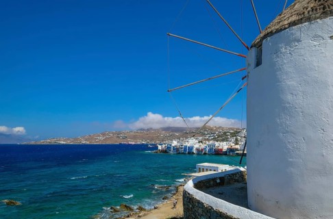 Mykonos, Cyclades, Greece - The six sixteenth-century windmills, lined up on a hill above Mykonos