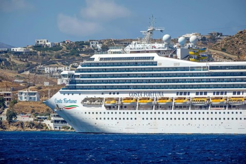 Mykonos, Cyclades, Greece - Cruise ship Costa Fortuna is in Mykonos port