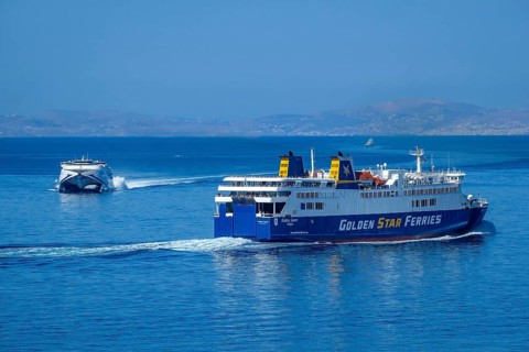 Mykonos, Cyclades, Greece - Golden Star Ferries' Andros Queen ferry on its way to Andros Island