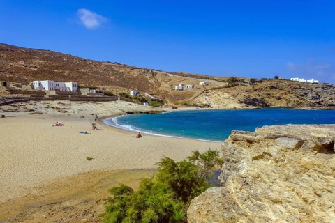 Mykonos, Cyclades, Greece - Mersini Beach, small settlement with sandy beach in the north of the