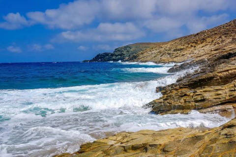 Mykonos, Cyclades, Greece - Fokos Beach, small settlement with sandy beach in the north of the
