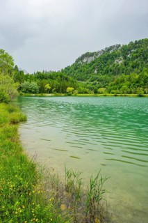 Landscape of Lake Elisabethsee on a rainy day in spring, Austria