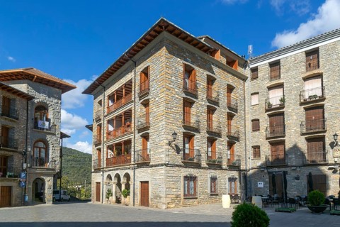 Buildings in main square plaza of historic medieval village of Boltana, Huesca province, Aragon,