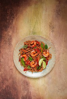 Fried udon noodles with shrimp and vegetables, Asian cuisine, homemade, no people