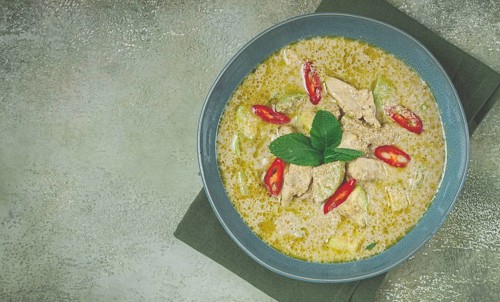 Green curry with chicken, traditional Thai cuisine, Asian food, homemade, no people