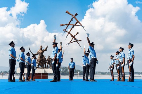 Indian Air Force personnel performs a bayonet drill demonstration on the bank of Brahmaputra river,