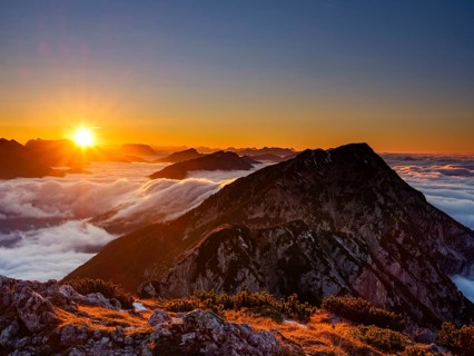 Alpine panorama at sunset, fog in the valley, Hochstaufen, Chiemgau Alps, Upper Bavaria, Bavaria,